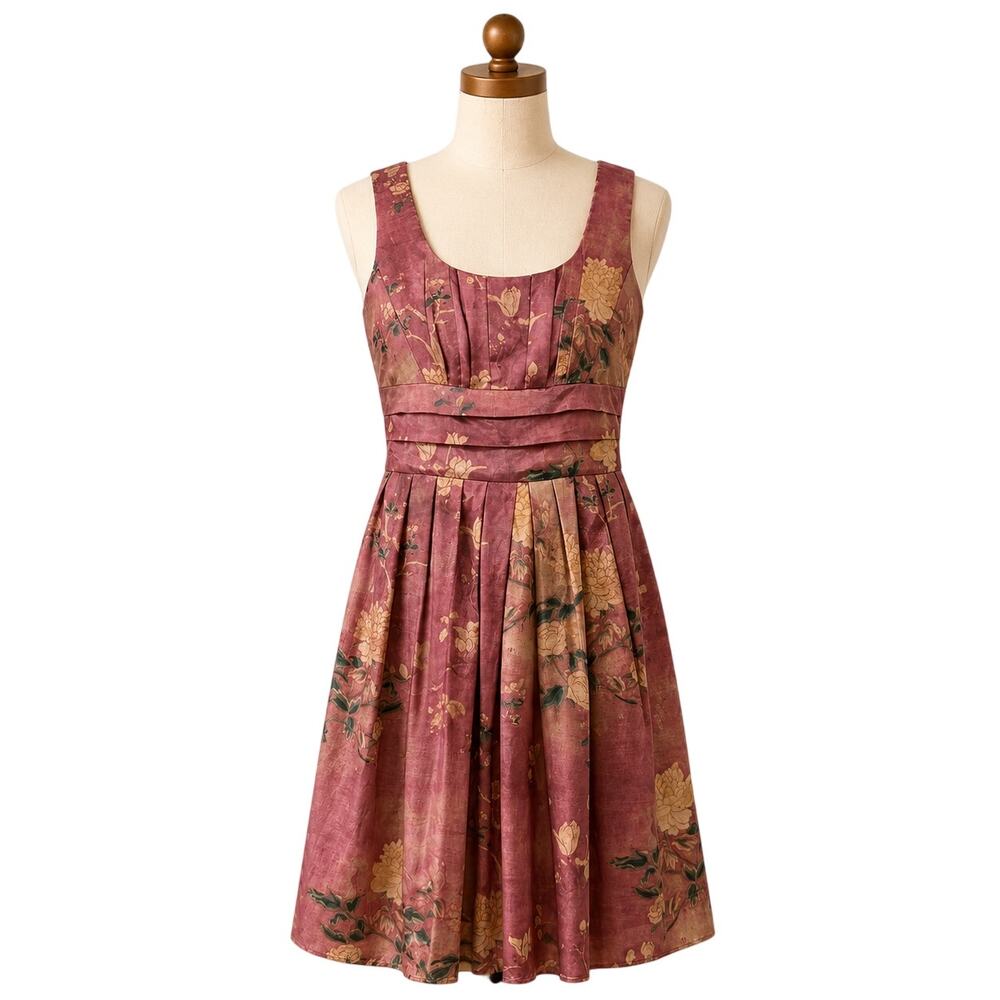 Peruvian Connection Floral Pleated Dress‎ Size 4 Mauve Pink Knee Length Romantic